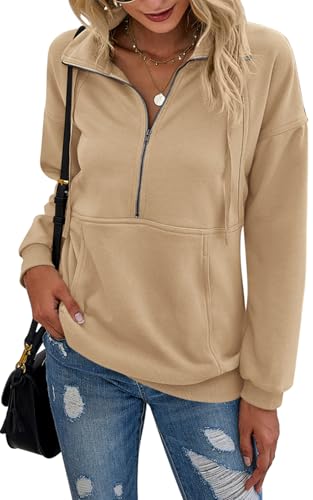 Image of PRETTYGARDEN Women's Casual Long Sleeve Zipper Sweatshirt Drawstring Loose Quarter Zip Pullover Tops with Pockets