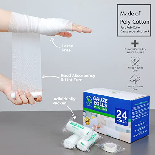 Premium Gauze Rolls - Pack Of 24-4" X 4.1 Yards Individually Wrapped, First Aid Conforming Bandages + Bonus Medical Tape #TOP2