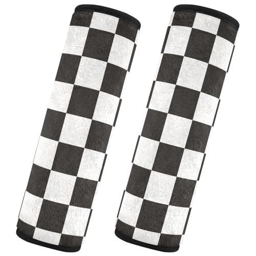 Image of Checkered Black Seat Belt Cover Pad 2 Pcs Soft Cute Seatbelt Covers Protector Support Head Neck Shoulder Strap for Car Seats High Chair Backpack for Adults Kids Women Men 10x7.7In 2 Pack
