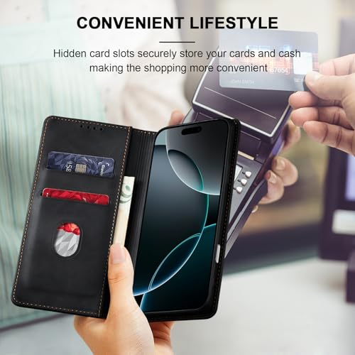 Image of Jasonyu Flip Wallet Case for iPhone 16 Pro,Leather Magnetic Folio Cover with Card Holder,Kickstand - TPU Shockproof Durable Protective Phone Case,Black