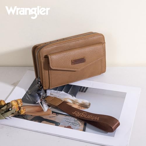 Image of Montana West Wrangler Women's Wallets Wristlet Bifold Rfid Blocking Wallets Large Capacity Brown Wallet for Ladies Female Woman Credit Card Wallet with Zipper Pocket and and Wrist Strap