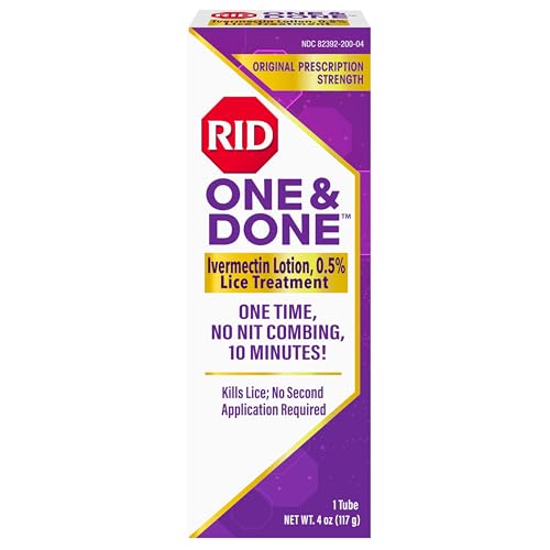 RID One & Done, Just One Application Head Lice Treatment, No Combing Required, Prescription Strength Ivermectin Lotion for Children & Adults, Eliminates Super Lice & Renders Eggs Non Viable