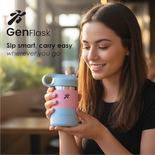 Image of VBOTT GENFLASK-FIGO - 380 ml |Thermosteel Flask with Straw Sipper with Finger Loop| SS 304 Water Bottle|Hot /Cold-18 /24 hrs|Insulated Bottles| Pink /Light Blue Colour l Multipurpose
