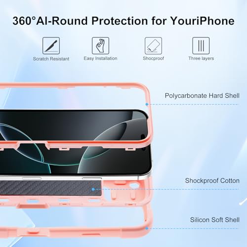 Image of MARKILL Compatible with iPhone with Built-in 360Rotating Ring Stand, Military Grade Drop Protection Full Body Rugged Heavy Duty Case Durable Cover (Pink, iPhone 16 Pro Max 6.9 inch)