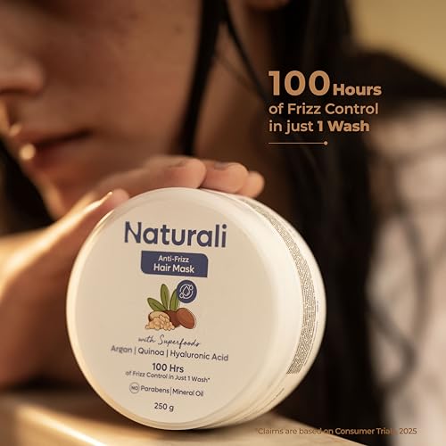 Image of Naturali Anti-Frizz Hair Mask with Argan Oil, Quinoa & Hyaluronic Acid | 100 hours of frizz control | Coats each strand with intense nourishment | Sulphate & Paraben Free Everyday Shampoo For Women & Men | 250 g