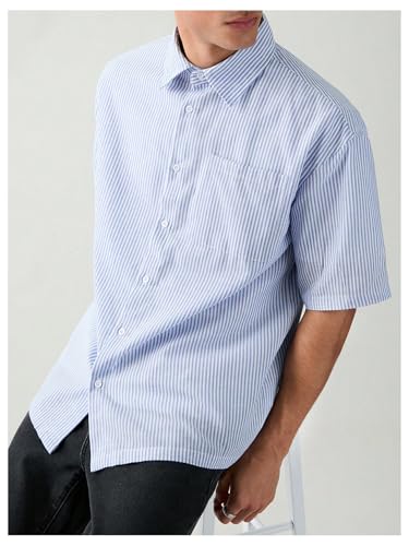 Men's Striped Oversized Tshirts Button Up Letter Patched Half Sleeve Baggy Shirt2