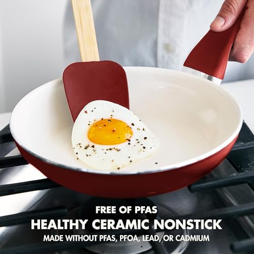 Image of GreenPan Rio Healthy Ceramic Nonstick 8 inch Frying Pan Skillet and Silicone Spatula Set, Soft Grip Handle, Breaktfast Meal Set, PFAS-Free, Dishwasher Safe, Oven Safe, Red