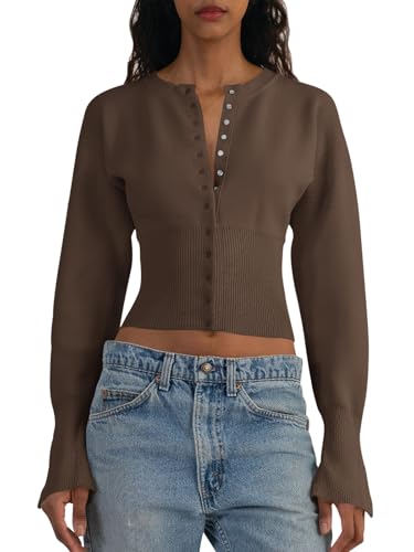 Saodimallsu Womens Cropped Sweaters Button Down Long Sleeve V Neck Ribbed Knit Slim Fit Pullover Crop Tops