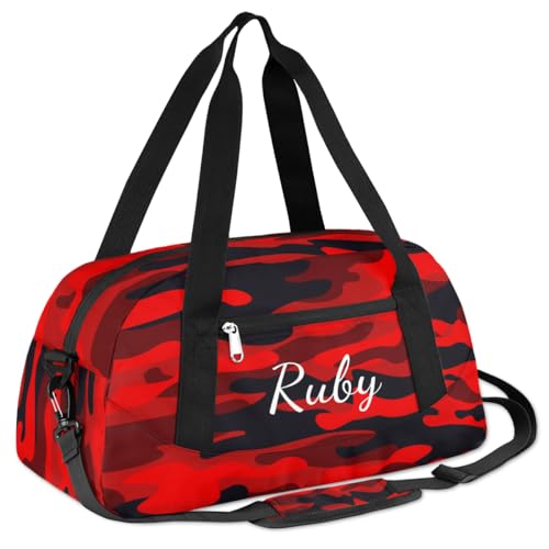 Red Camouflage Custom Kids Duffel Bags Personalized Customized Girls Dance Bag Custom Name Sports Gym Bag Foldable Overnight Weekender Sleepover Carry On Travel Tote Bag for Boys Girls3
