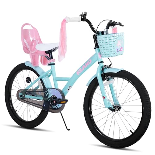 KEANO Zinnia 20 Inch Kids Bike for Girls Ages 7-10 Years, 20 Inch Girls' Bikes with Kickstand, Streamers, Basket and Doll Seat, Children Bicycles Green