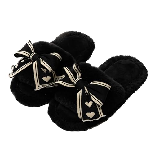 Slipper for Women Lightweight Open Toe Lounging Slide Bow Embellished Cute Fuzzy Sandal House Keep Warm Fluffy Shoe