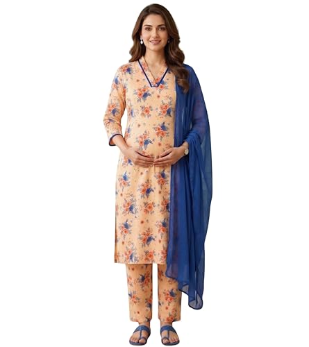 Image of DUMMY SHAPE Maternity Dresses for Women Cotton | Floral Kurta Pant Dupatta Set with Nursing Zippers, Side Pocket | Pre & Post Pregnancy | Feeding Kurti Suit | Baby Shower | Gifts for Pregnant Woman