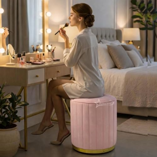 Image of Upholstered Round Linen Strip Stool Living Room Foot Rest Office Stool Pouf Ottoman Padded Seat - Pink