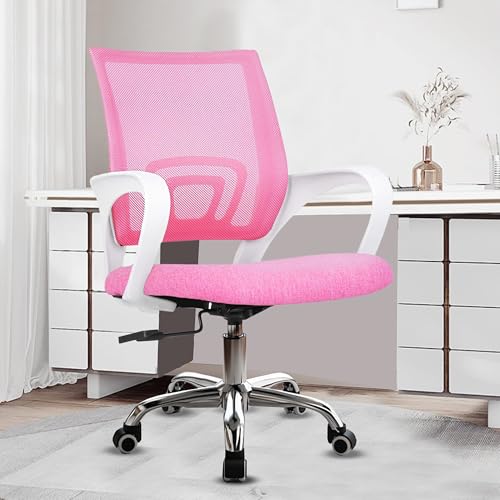 Image of Casa Copenhagen, Ergonomic Desk Chair Mesh Computer Chair with Lumbar Support Armrest Executive Rolling Swivel Adjustable Mid Back Chair - Pink & White Handle