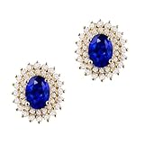 Homxi Aretes de Oro Amarillo 18Kt para Mujer, Flor y Oval con Zafiro Creado de 3ct y Diamante, Pendientes Boda Mujer de Oro Azul