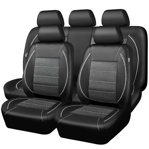 Image of CAR PASS Piping PU Leather Car Seat Cover Full Set, Inside Zipper Design and Reserved Opening Holes, Airbag Compatible,Universal FIT for Car, SUVs,Van,Trucks(Full Set, Black & Silver