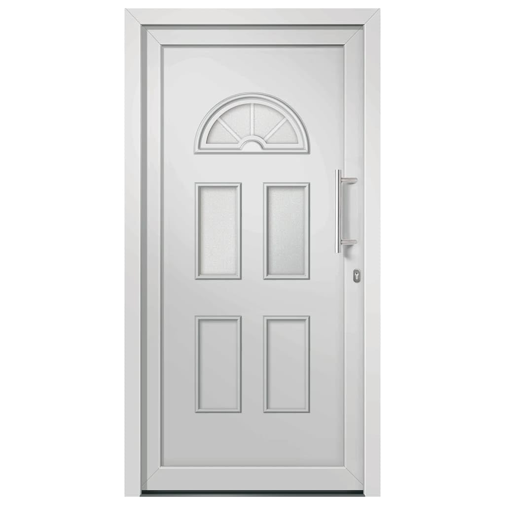 Drzwi wejściowe białe 88 x 208 cm z ramą drzwi PCW, 5-punktowa blokada grzybowa, próg aluminiowy, oszklenie izolacyjne, uchwyt ze stali nierdzewnej, taśma uszczelniająca i zestaw montażowy do