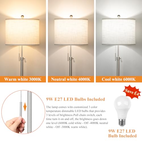 Floor Lamp, Modern Standing Lamp with 9W 3 Color Temperatures Bulb & Lampshade,55"-67" Height Adjustable, Industrial Tall Floor Lamps for Living Room, Bedroom, Office-Silver - Image 3