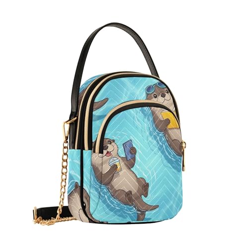 Cute Cartoon Otters Blue Shoulder Handbags for Women Cartoon Chain Strap Cell Phone Handbag Quilted Ladies Crossbody Satchel Bag2