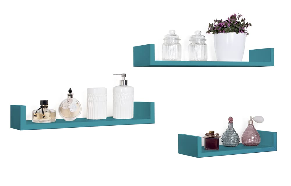 MODULARREDO | CALAMITA Set di 3 Mensole da Muro, Mensole Muro Design, Mensola da Parete, 60x8x15.5, 50x8x15.5 e 40x8x15.5 cm, Blu Laguna - Made in Italy