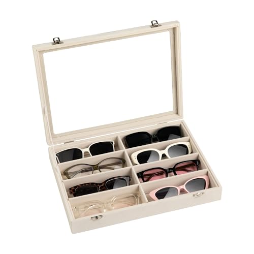 Frebeauty Sunglass Organizer,Velvet Glasses Organizer,8-Slot Sunglasses Tray with Clear Lid,Men's/Women's Sunglasses Box,Sunglass Case,13.3 x 9.6 x 2.2 Inches,Eyeglass/Eyewear Display Tray(Beige)
