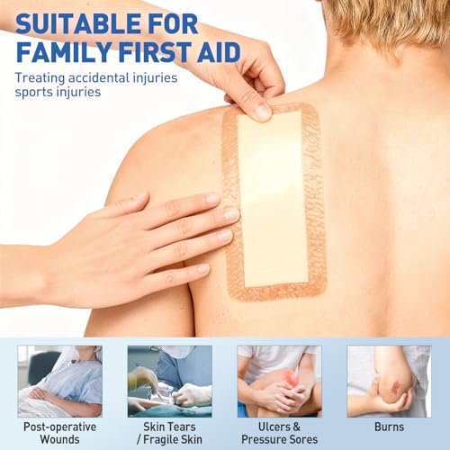 Image of AZEN 10 Pack Silicone Foam Dressing, 4 inch X 8 inch Waterproof Silicone Bandages with Border Adhesive, Large Bandages for Wounds, Self Adhesive Wound Care and Dressings