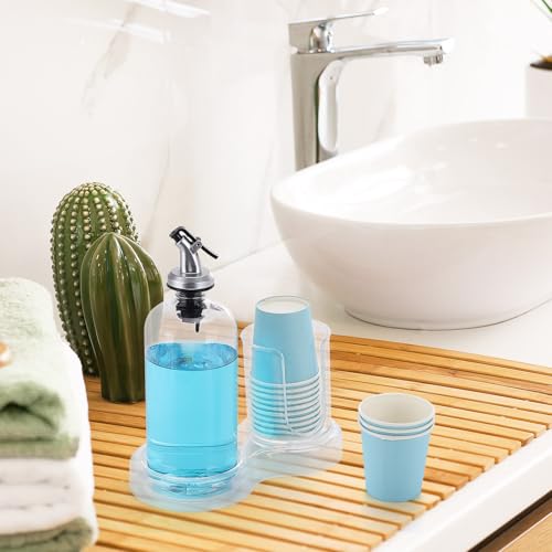 Image of Tbestmax Plastic Mouthwash Dispenser with Cup Holder, Clear Mouth Wash Pump Bottle with Tray for Bathroom Organizers, 16oz Refillable Mouthwash Container