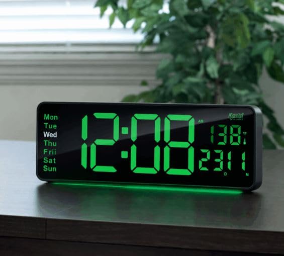 Image of Ajanta Digital Electric Wall Clock with Time, Temperature, Date & Day | RGB LED Night Light Display | USB Type-C Charger | 12 /24H Format & Snooze (Green)