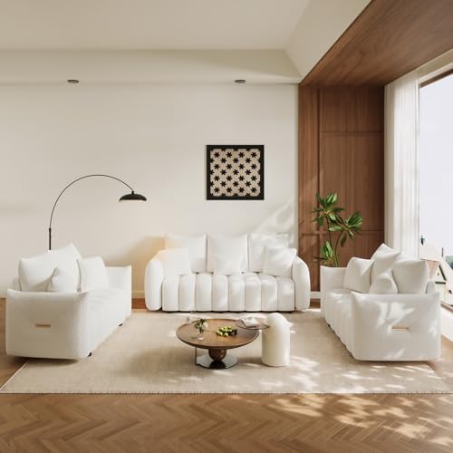 Image of OUYESSIR 3 Pieces Boucle Sofa for Living Room, Modern Deep Seat Sofa Chair & Loveseat & 3-Seater Couch, Oversized Cloud Sofa Couch Set, Comfy Upholstered Teddy Living Room Furniture, Beige White