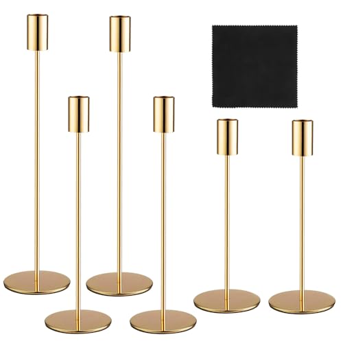 6 Pezzi Portacandele in Metallo, Oro Portacandele, 3 Porta Candele da Tavolo Cilindrico di Diverse Altezz, portacandele Lungo, Candeliere da Tavolo Ornamento Decorazioni, per Cene a Lume, Festive