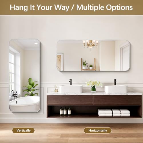 Image of DESBING 55 inchx24 inch Bathroom Mirror for Over Sink, Silver Framed Wall Mirror | High-Definition Shatterproof Vanity Mirror with Rounded Corner for Bedroom Living Room Entryway Horizontally or Vertically