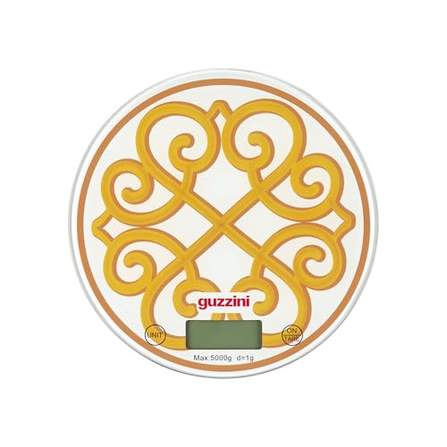 Guzzini - "Harmonia" Bilancia da Cucina Digitale in Vetro Temperato, Funzione Tara, Display LCD, 5 kg, 4 Unità di Misura, Giallo Oro - 13660049