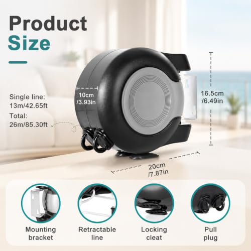 Image of HASTHIP Dual Retractable Clothesline 49 ft Indoor Outdoor Laundry Line | ABS material, retractable clothesline, built in locking design, for balcony indoor outdoor laundry use