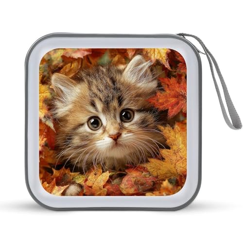 Cute Cat Autumn Leaves CD Case DVD Storage Case Portable for Car Home Travel