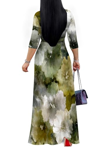 Image of Plus Size Dresses for Women Floral Print Maxi Dress Flowy 3 /4 Sleeve with Belt