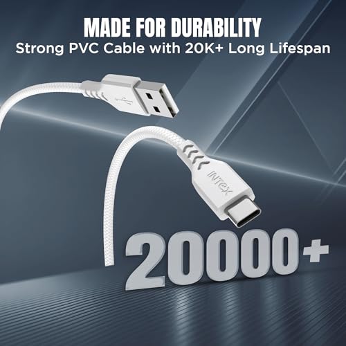 Image of Intex SPEED 3A USB to Type C Fast Charging & Data Sync Tangle Free Cable, Output 480 Mbps for BT Speaker, Mobile, Tablet, TWS & Other Type C Devices- White