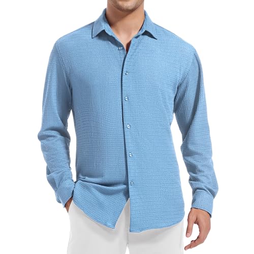 WARHORSEE Mens Knit Casual Button Down Shirt Long Sleeve Stretch Wrinkle Free Button Up Breathable Fashion Dress Shirts,Blue,S