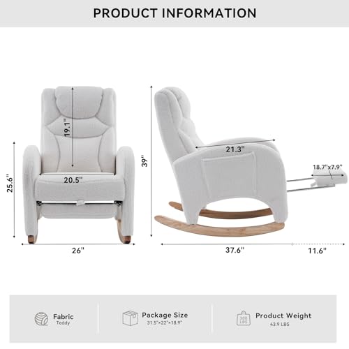 FOXHUNTER-Rocking-Chair-Nursery-Modern-Glider-Chair-with-Adjustable-Footrest-and-Solid-Wood-Legs-High-Backrest-Nursery-Chair-with-Side-Pocket-Rocker-Armchair-for-Living-Room-Bedroom-Teddy-Ivory FOXHUNTER Rocking Chair Nursery Modern Glider Chair with Adjustable Footrest and Solid Wood Legs High Backrest Nursery Chair with Side Pocket Rocker Armchair for Living Room Bedroom Teddy Ivory