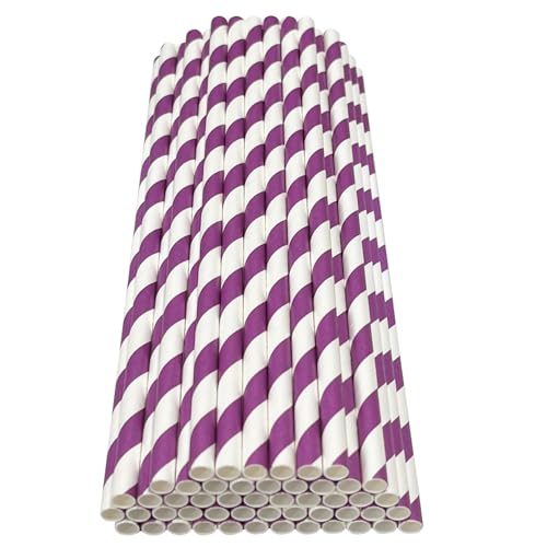 Haobase 50 cannucce di carta biodegradabili per bere cocktail, caffè, bevande fredde (motivo a strisce) (strisce bianche/viola)