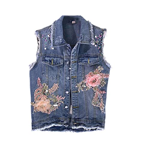 Veste en jean sans manches femme bleu S gilet denim troué à fleurs