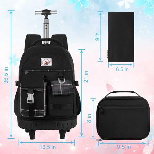 gxtvo 3PCS Rolling Backpack for Girls, Women Wheeled Bookbag with Lunch Box for Adults, Kids Roller school bag