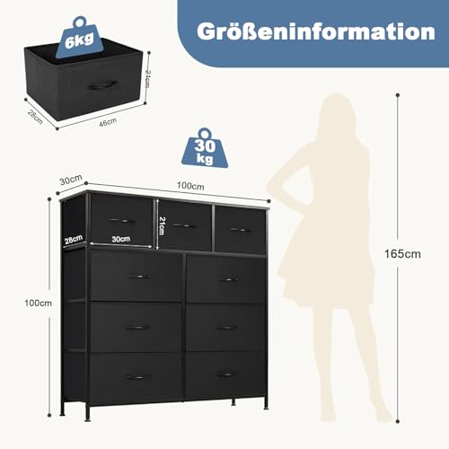 DUMOS Kommode mit Schubladen - Kommoden & Sideboards für Schlafzimmer Geeignet, Komodenschrank mit 9 Schubladen, Stoffkommode mit Stabilem Stahlrahmen, Ideal für Schlafzimmer, Wohnzimmer (Schwarz)