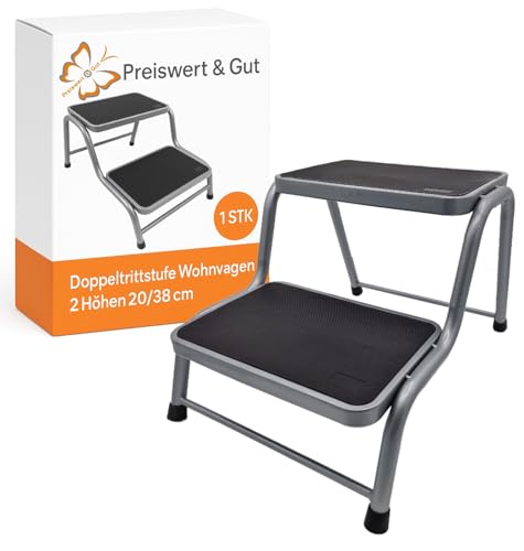 Preiswert & Gut Doppeltrittstufe Wohnwagen aus Stahl – rutschfeste Trittstufe mit 2 Höhen (20/38 cm) Ideal für Camping, Wohnmobil & Caravan 2 Stufen bis maximal 150 kg Traglast