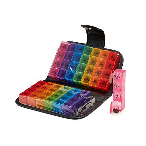 Easylife 14 Day Pill Box Organiser 4 Times a Day 2 Week Pill Box Tablet Organiser Wallet for Medication Vitamins & Supplements H19cm x W11.5cm x D5cm Rainbow Colour