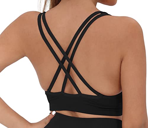 Image of AKAMC Women's Cross Back Sport Bras,Adjustable Straps Padded Criss Cross Cropped Bras for Yoga Workout Fitness