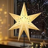 Lewondr 3D Papiersterne Weihnachten Tischlampe, 17,72' Ausgehöhlter 7-zackiger...