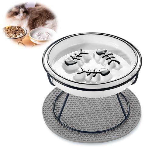 Elevated Ceramic Cat Slow Feeder Bowl, Azonee Whisker Friendly Anti-Vomit Raised Bowl for Better Digestion, Protect SpineSlow, Feeder for Dry & Wet Food (Black)