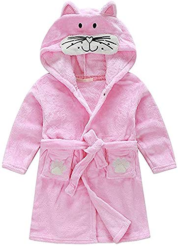 Boys Girls Bathrobes, Toddler Kids Hooded Robes Plush Soft Coral Fleece Pajamas Sleepwear(Pink cat, 4-5T(Height:43.3