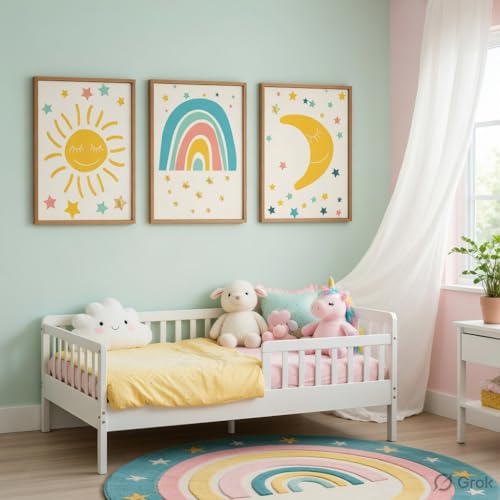 Image of Livin'luxe Kids Nursery Wall Painting Set of 3 with Wooden Frames | Sun Rainbow Moon Kids Room Wall Art | HD Sparkle Printed MDF Cartoon Wall Decor for Baby Room, Nursery, Playroom & Bedroom