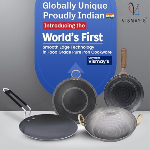 Image of VISMAY'S 9 Inch 600 ML Food Grade Iron Kadhai Wok Frypan Lohe ki Kadai Smooth Edges Riveted Handles Deep Frying, Roasting Metal Spoon Friendly Traditional Indian Cooking Durable Kitchen Cookware